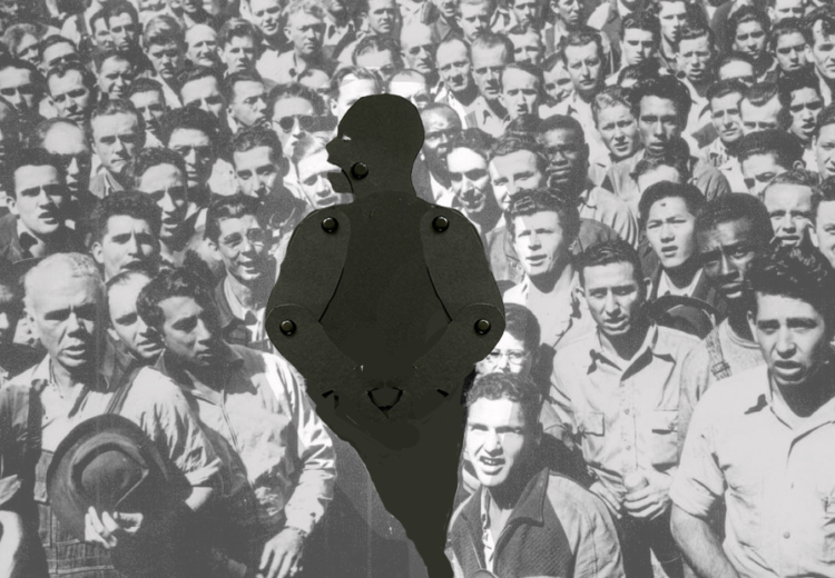 Shadow puppet of Paul Robeson singing and marching along with workers