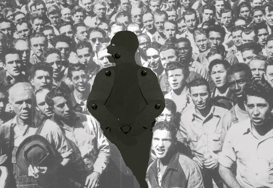 Shadow puppet of Paul Robeson singing and marching along with workers