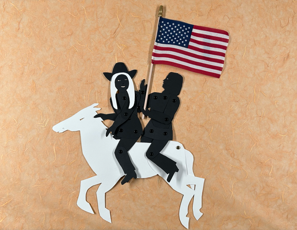 Silhouette puppets of beyonce on a white horse with Kamala Harris behind her holding an American flag