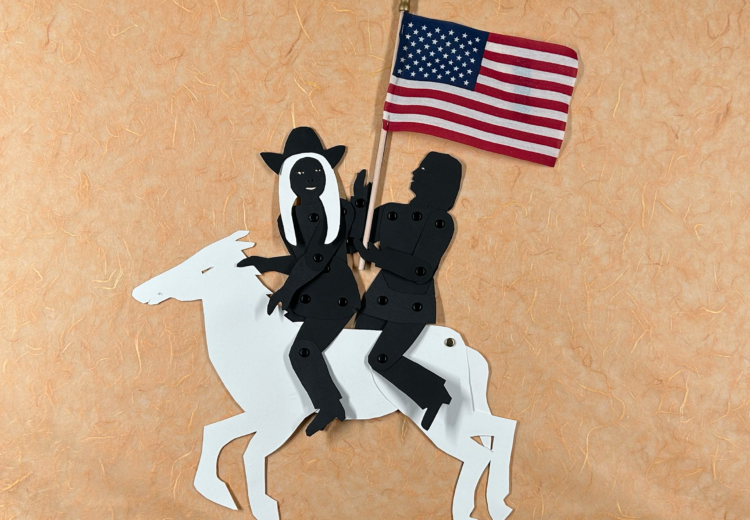 Silhouette puppets of beyonce on a white horse with Kamala Harris behind her holding an American flag